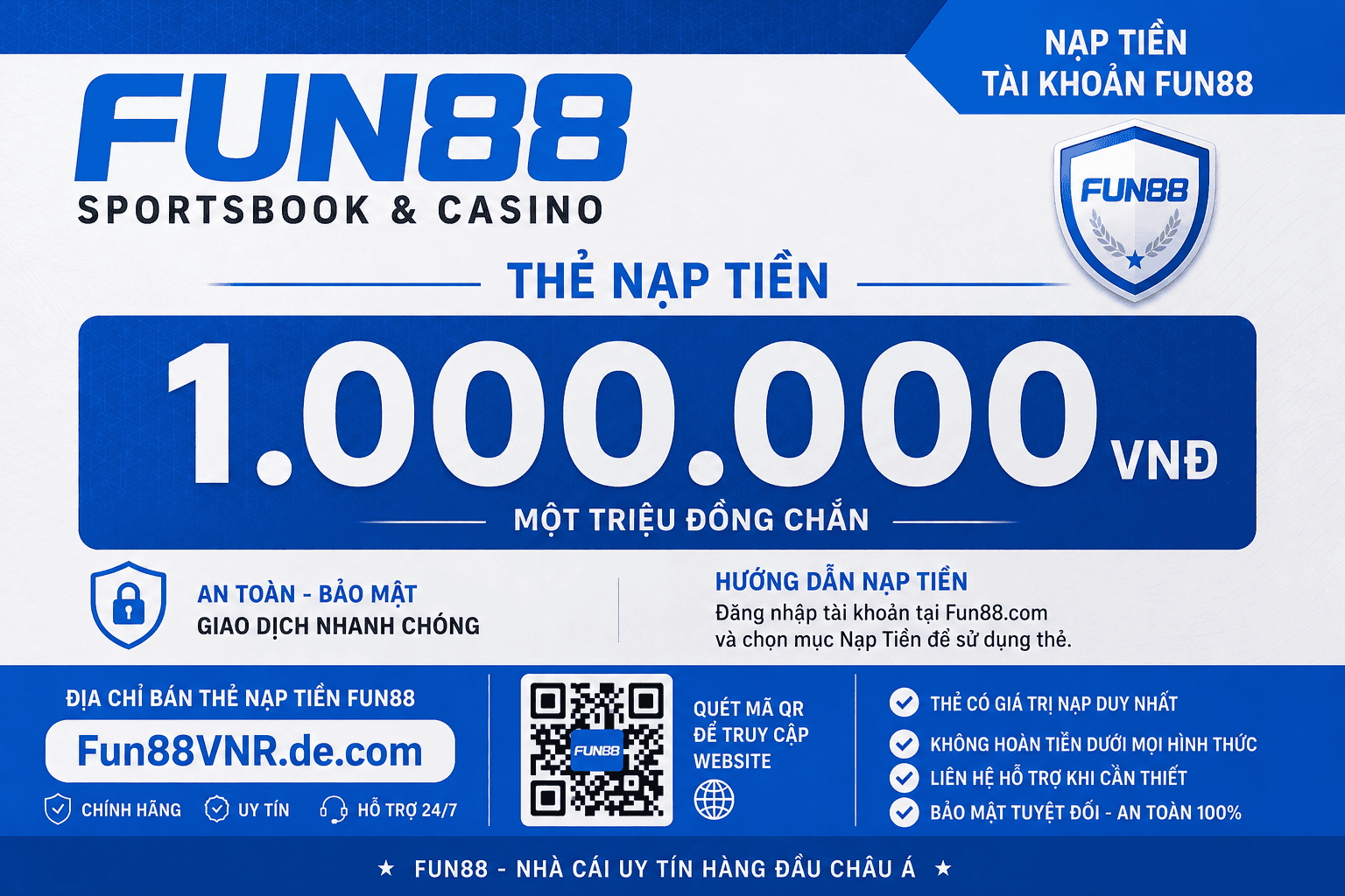 Thẻ nạp Fun88 1.000.000 VNĐ Thẻ nạp Fun88 1.000.000 VNĐ