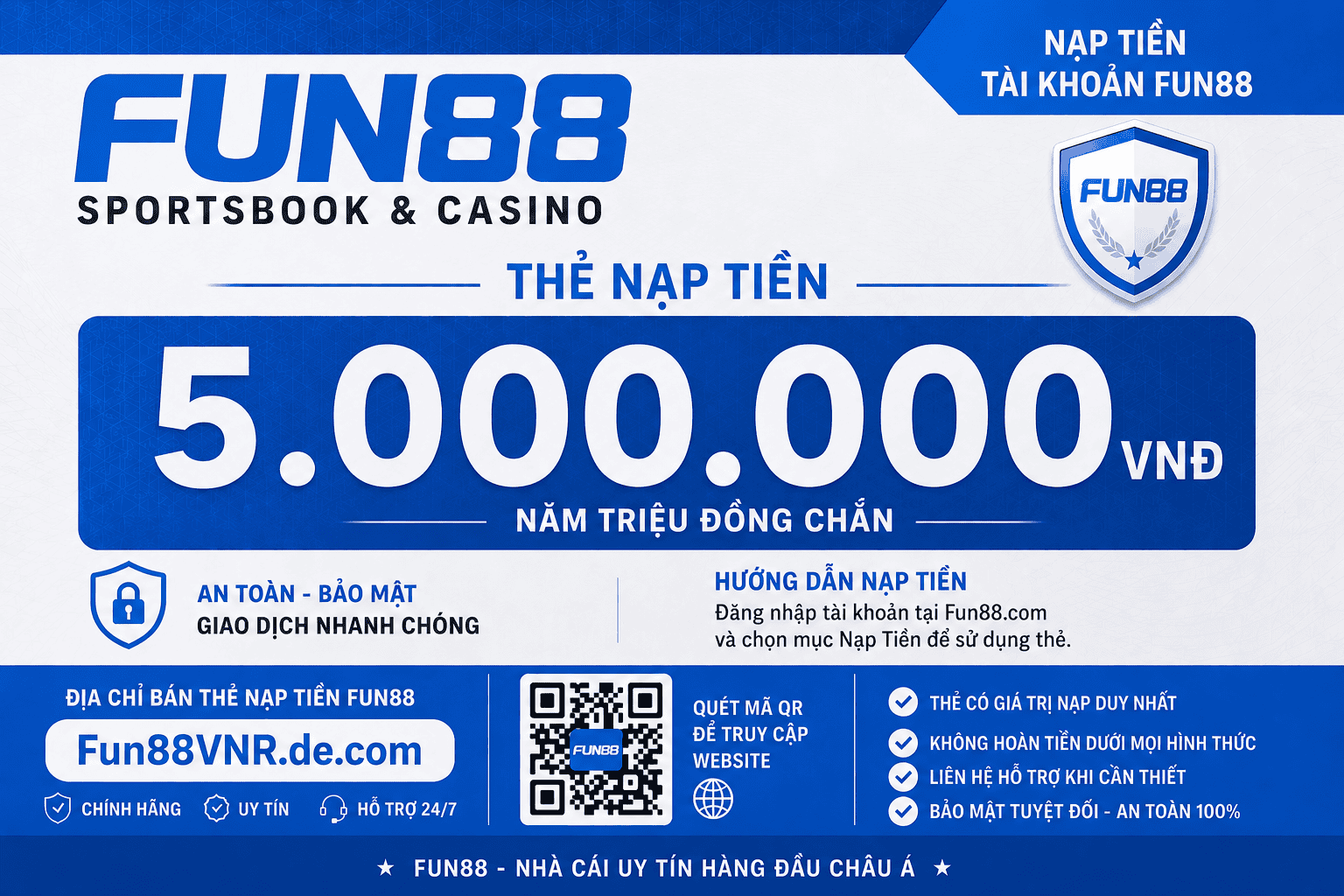 Thẻ nạp Fun88 5.000.000 VNĐ Thẻ nạp Fun88 5.000.000 VNĐ