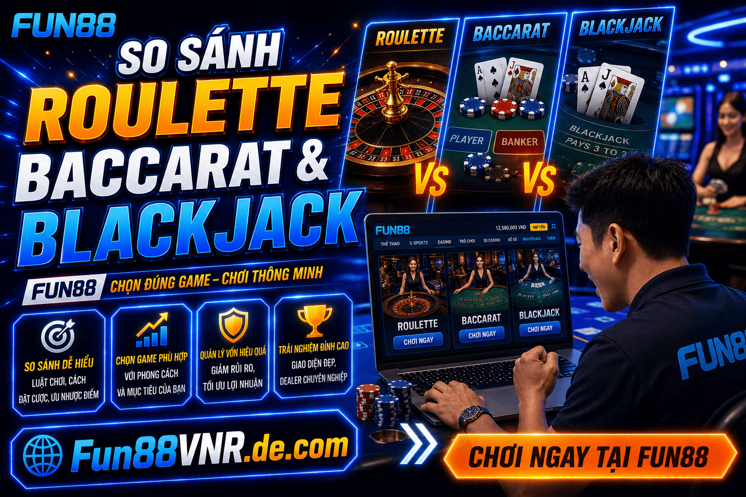 So sánh về mức cược và rủi ro khi tham gia Roulette, Baccarat và Blackjack Fun88 So sanh ve muc cuoc va rui ro khi tham gia Roulette, Baccarat va Blackjack Fun88