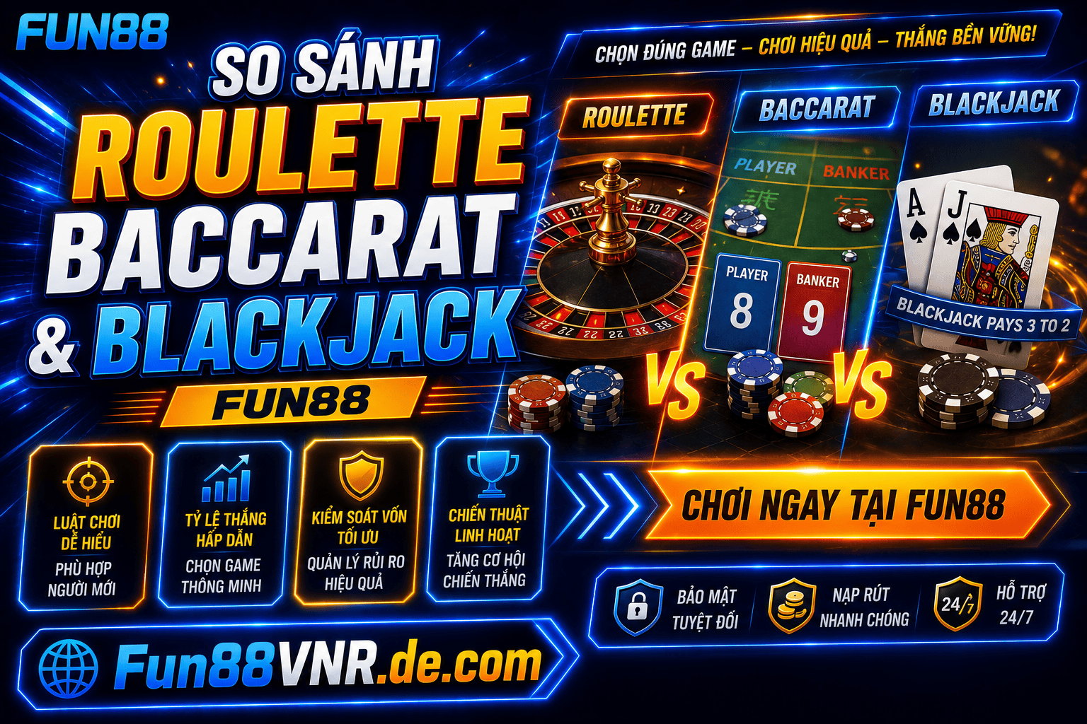 So sánh Roulette, Baccarat và Blackjack Fun88 để người chơi hiểu rõ hơn